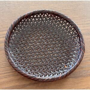 Vintage Japanese Brown Bamboo Tray or Shallow Basket, Small Decorative Organizer